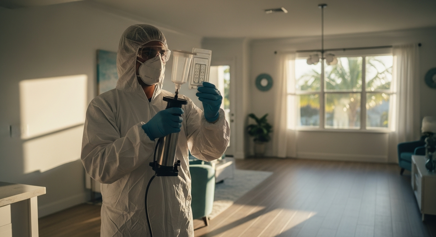 A Rush Environmental indoor air quality professional taking an air sample in a bright South Florida home